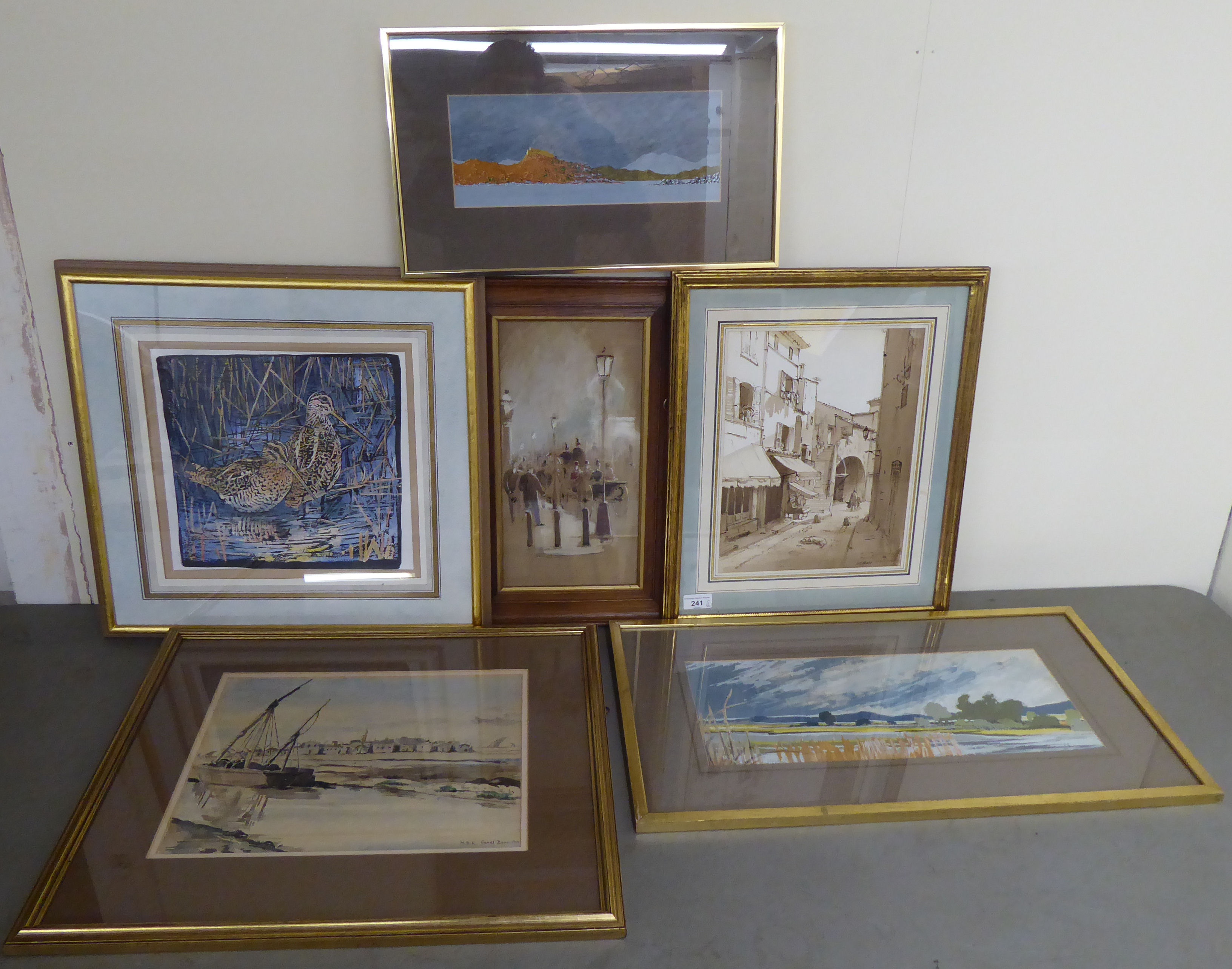 Six framed pictures: to include GR Rust - a street scene  watercolour  bears a signature  10" x 12.