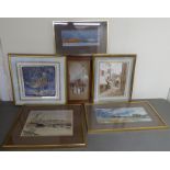 Six framed pictures: to include GR Rust - a street scene  watercolour  bears a signature  10" x 12.