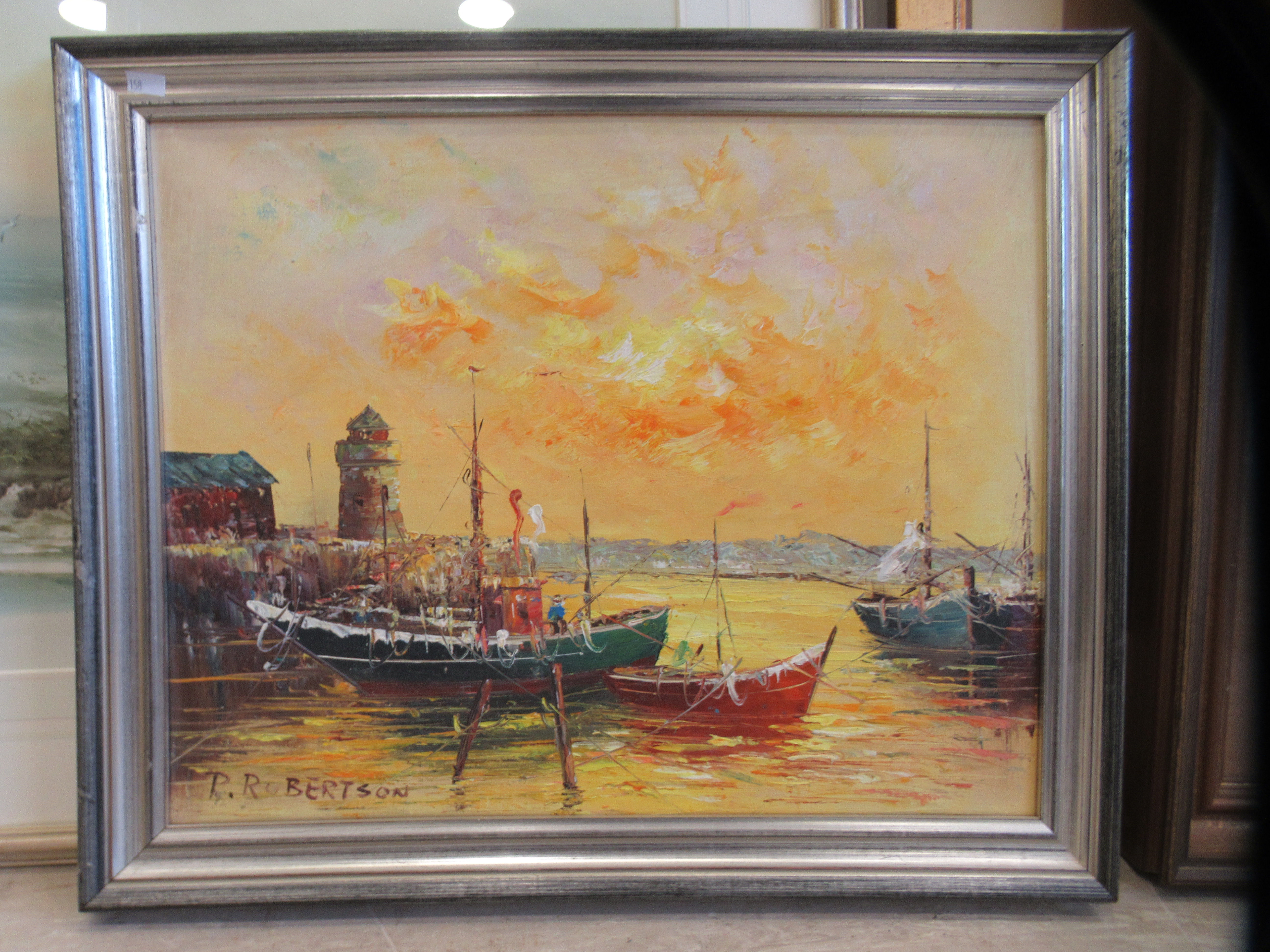 Four pictures and prints: to include P Robertson - a shoreline scene at dusk with fishing boats  oil - Image 2 of 9