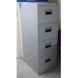 A modern grey painted metal four drawer filing cabinet, on a plinth  52"h  18.5"w  24.5"deep