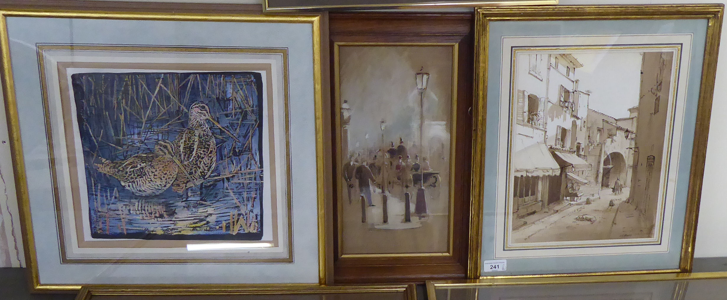 Six framed pictures: to include GR Rust - a street scene  watercolour  bears a signature  10" x 12. - Image 2 of 9