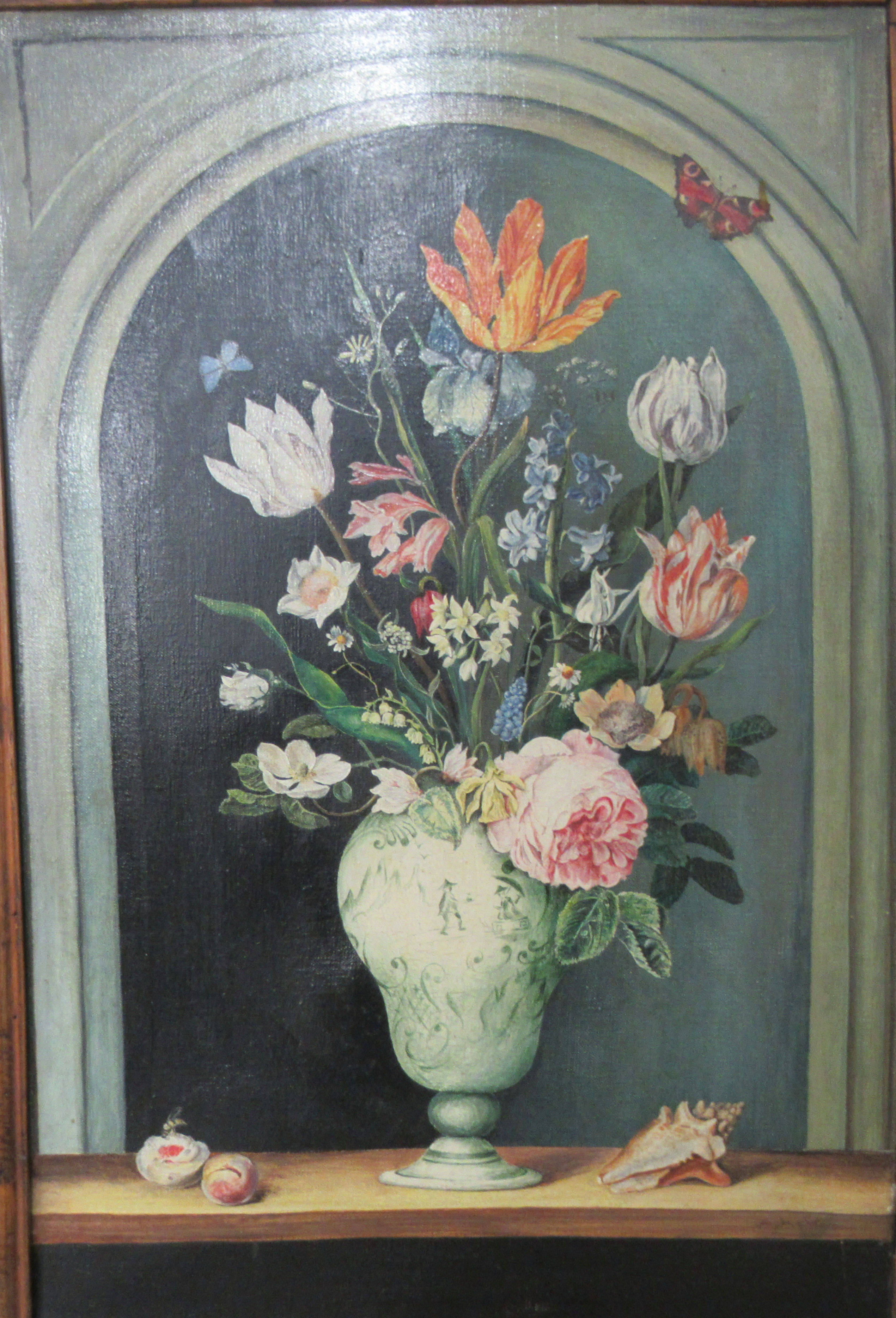 A modern copy of an 18thC Flemish School - a still life study of flowers, in a vase by an alcove - Image 2 of 3