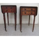 Two early 19thC mahogany work tables, each with fall flaps and two end drawers, raised on turned,
