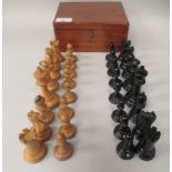 A Jaques of London Staunton, weighted, turned and carved boxwood and ebony chess set, the kings 3.