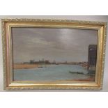 WB Rowe - 'Southwick' a riverscape with distant commercial buildings  oil on board  bears a