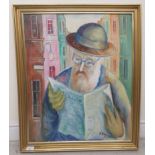 S Brunstein - a bespectacled man, reading a newspaper  oil on board  bears a signature & dated '