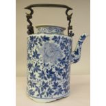 A late 19thC Chinese porcelain shouldered cylindrical tea kettle and cover, decorated in blue and