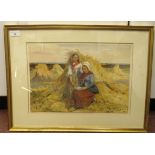 Attributed to John Absolon - two young women resting at harvest time  watercolour  bears handwritten