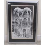 After MC Escher - 'Belvedere'  monochrome print  bears the initials MCE V 158  22" x 13"  framed