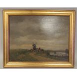 WB Rowe - a windmill and farm buildings in a windswept landscape  oil on board  bears a signature