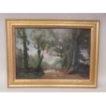 WB Rowe - a roadway through woodland  oil on board  bears a signature  9" x 13.5"  framed