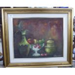 Geizi - a still life study, fruit in a bowl with a ewer and covered pot  oil on canvas  bears a