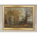 WB Rowe - woodsmen, working in a glade  oil on board  bears a signature  10" x 13.5"  framed