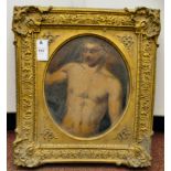Attributed to Wm.Etty - a half-length male nude  oil on board  bears a printed label verso  12" x