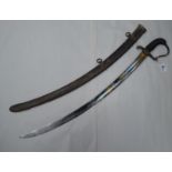 An 18thC British Light Cavalry sword with a wire bound handgrip and scrolled guard, the curved blade