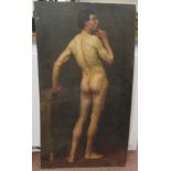 Late 19th/early 20thC British School - a male nude, standing beside a table  oil on canvas  36" x