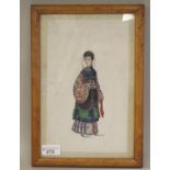 An early 20thC Chinese School, full length portrait, a woman wearing an ornate gown  watercolour