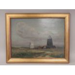 WB Rowe - windmills in a barren landscape  oil on board  bears a signature  10" x 13.5"  framed