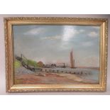 WB Rowe - an estuary scene with commercial shipping in the foreground  oil on board  bears a