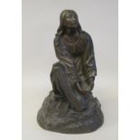 After Th Gechter - a cast and patinated bronze figure, a supplicant, robed woman, kneeling beside an