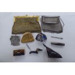 A mixed lot: to include four various chainmail and similar ladies purses; and a 19thC moulded horn