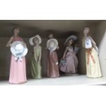 Five Lladro porcelain figures: to include young women, in various poses  tallest 9"h