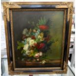 20thC Continental School - a still life study, mixed flowers, in a vase with a hedgerow bird, on a