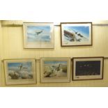 Five aviation themed coloured prints, some bearing pencil signatures  mixed sizes  all framed