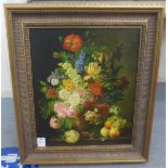 20thC Continental School - a still life study, mixed flowers, in a vase, on a ledge  oil on