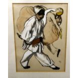 After Bakst - a theatrical study  over painted print  7" x 11"  framed