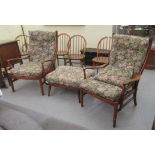 A pair of modern Parker Knoll stained beech framed, open arm, high, ladderback chairs with floral