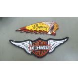 Two replica cast metal motorcycle signs, viz. 'Indian'  11"w; and 'Harley-Davidson'  16"w