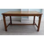 A modern oak coffee table with an inset hide surface, raised on chamfered square legs  18"h  35"w