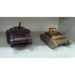 Two dissimilar wood and bi-coloured metal novelty scratch built model tanks, one incorporating a