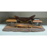 A 1920s/1930s Australian fruitwood desk stand with two glass inkwells  12"w