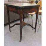 An Edwardian string and marquetry rosewood envelope card table, the rotating top raised on square,