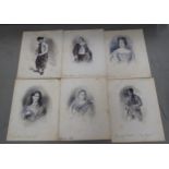 Six 19thC drawings/watercolours of period opera singers  bears initials and text  10" x 12"