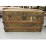 A late 19th/early 20thC beech and iron bound trunk with straight sides and a hinged lid  21"h  36"w