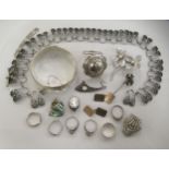 Costume jewellery: to include a silver coloured and white metal bangle; rings; and cufflinks