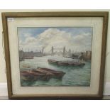 HM Field - a view from the river Thames at Tower Bridge  watercolour  bears a signature  16" x