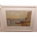 W Clement Smith - a shoreline scene with boats and buildings beyond  watercolour  bears a signature