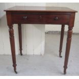 A late Victorian mahogany single drawer side table, raised on turned legs and casters  29.5"h  26.