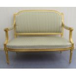 Modern Louis XVI style antique finished gilded showwood framed two person open arm salon settee,