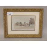 WB Rowe - a village church and farm outbuildings  watercolour  bears a signature & dated 1921  4"