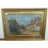 W Follen Bishop - a shepherd and cattle, on a path, beside thatched cottages  oil on canvas  bears a