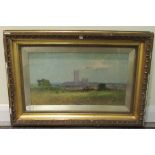 Early 20thC British School - a landscape with open fields and a cathedral beyond  oil  bears an
