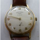 A Rotary 9ct gold cased wristwatch, the 15 jewel movement faced by an Arabic dial, on a brown hide