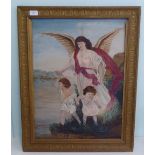 HG Tapping - an angelic figure standing on a hillside with two children  oil on board  bears a