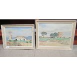 Kentol - two Mediterranean scenes, one a house and statue, on a tower  9.5" x 13" and another of