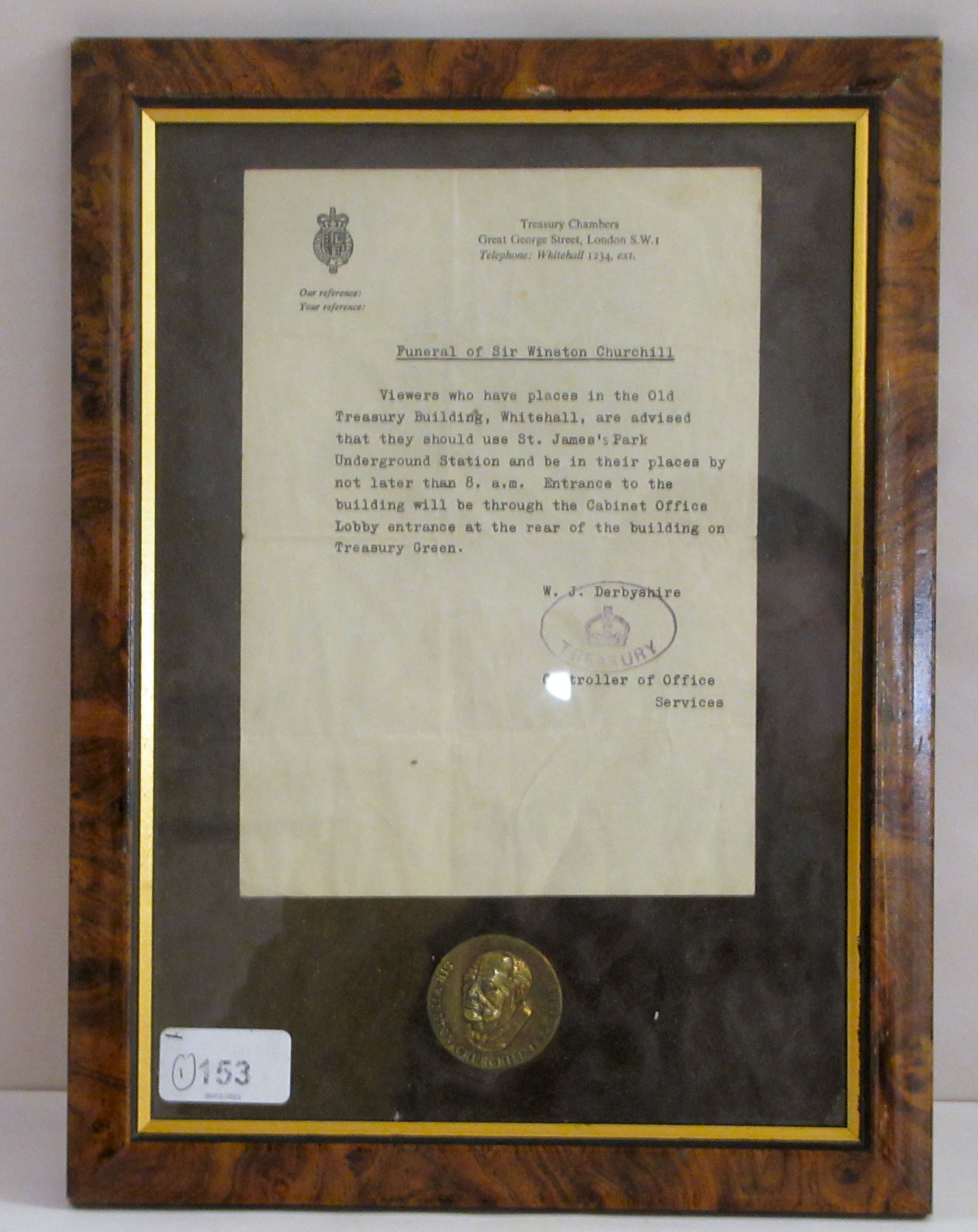 A telegram (Possibly a copy from the Treasury Chambers) for the notification of Sir Winston